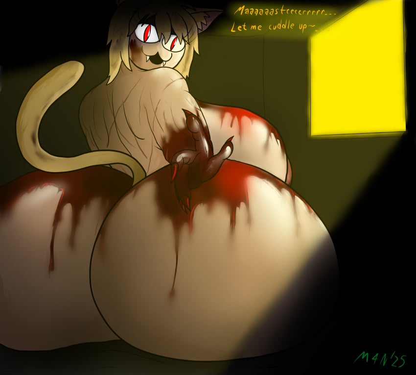 absurd_res anthro areola ass back_muscles biceps big_butt blonde_hair blood bodily_fluids colored_nails dialogue fangs fangs_bared felid feline female hair hi_res huge_butt humanoid hyper hyper_butt looking_at_viewer m4n mammal muscular muscular_female nails neco-arc nipples red_eyes red_nails scar smile smiling_at_viewer solo talking_to_viewer teeth tsukihime type-moon