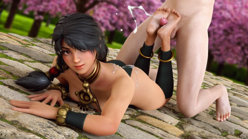 16:9_aspect_ratio 1boy 3d 3d_render barefoot black_hair breasts brown_hair earrings ejaculation erection extremely_large_filesize feet female foot_fetish footjob high_resolution jewelry large_filesize long_hair looking_at_viewer mrstranger partial_male penis semen soul_calibur soulcalibur straight tagme talim very_high_resolution