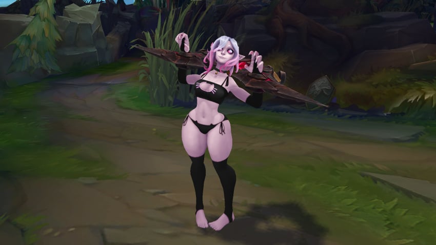 breast_window briar_(league_of_legends) cat_lingerie claws cleavage_window collar league_of_legends pale-skinned_female pale_skin pillory red_sclera sharp_fingernails stockings white_eyes