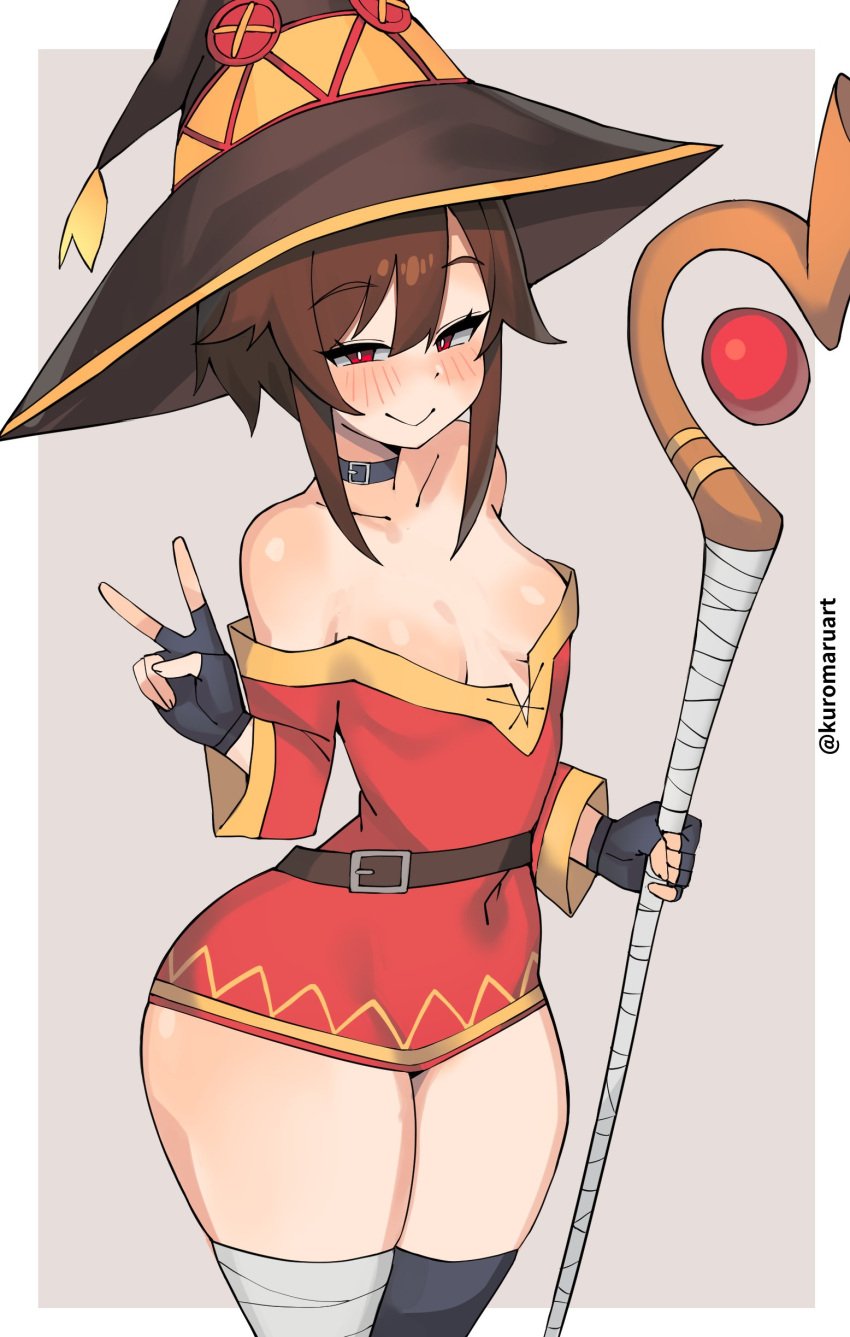 1girls absurd_res breasts brown_hair female female_only fingerless_gloves gloves hi_res kono_subarashii_sekai_ni_shukufuku_wo! kuromaruart light-skinned_female light_skin looking_at_viewer megumin red_eyes small_breasts solo staff thighs wide_hips witch_hat