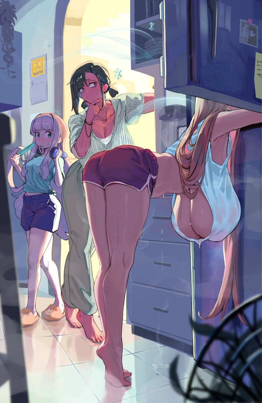 3girls barefoot big_ass big_breasts blue_eyes breast_envy breasts brown_eyes bubble_butt dolphin_shorts fan fat_breasts female flat_belly fridge hanging_breasts huge_breasts hyper_breasts inside long_hair magister_(bigbakunyuu) minami_aoba pandora_smith sakuraba_himari short_shorts shorts slippers snowflake tagme thick_thighs top_heavy underboob wide_hips