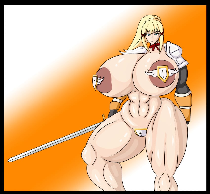 1girls abs alternate_breast_size armor blonde_female blonde_hair blue_eyes darkness_(konosuba) dustiness_ford_latatina female female_only huge_breasts kono_subarashii_sekai_ni_shukufuku_wo! looking_at_viewer muscular muscular_female muscular_thighs partially_clothed ponytail shoulder_pads simple_background sword