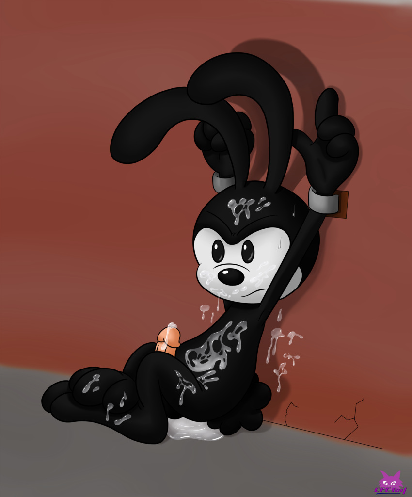 1boy 2014 anthro barefoot bondage bound cpctail cum disney erection fur hi_res lagomorph long_ears male male_only mammal nude orgasm oswald_(character) oswald_the_lucky_rabbit penis rabbit sitting solo sweat