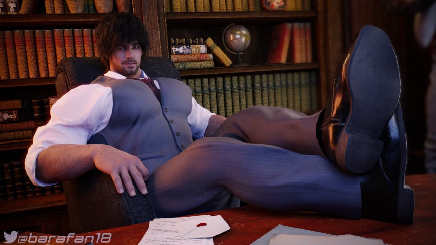 1boy 2024 3d 3d_(artwork) 3d_model 3d_render bara barafan18 big_pecs body_hair carlos_oliveira collared_shirt dress_pants fully_clothed gay large_pectorals looking_at_viewer male male_only man_boobs man_tits manboobs muscular muscular_male pecs resident_evil resident_evil_3_remake solo solo_focus solo_male tight_clothing vest yaoi