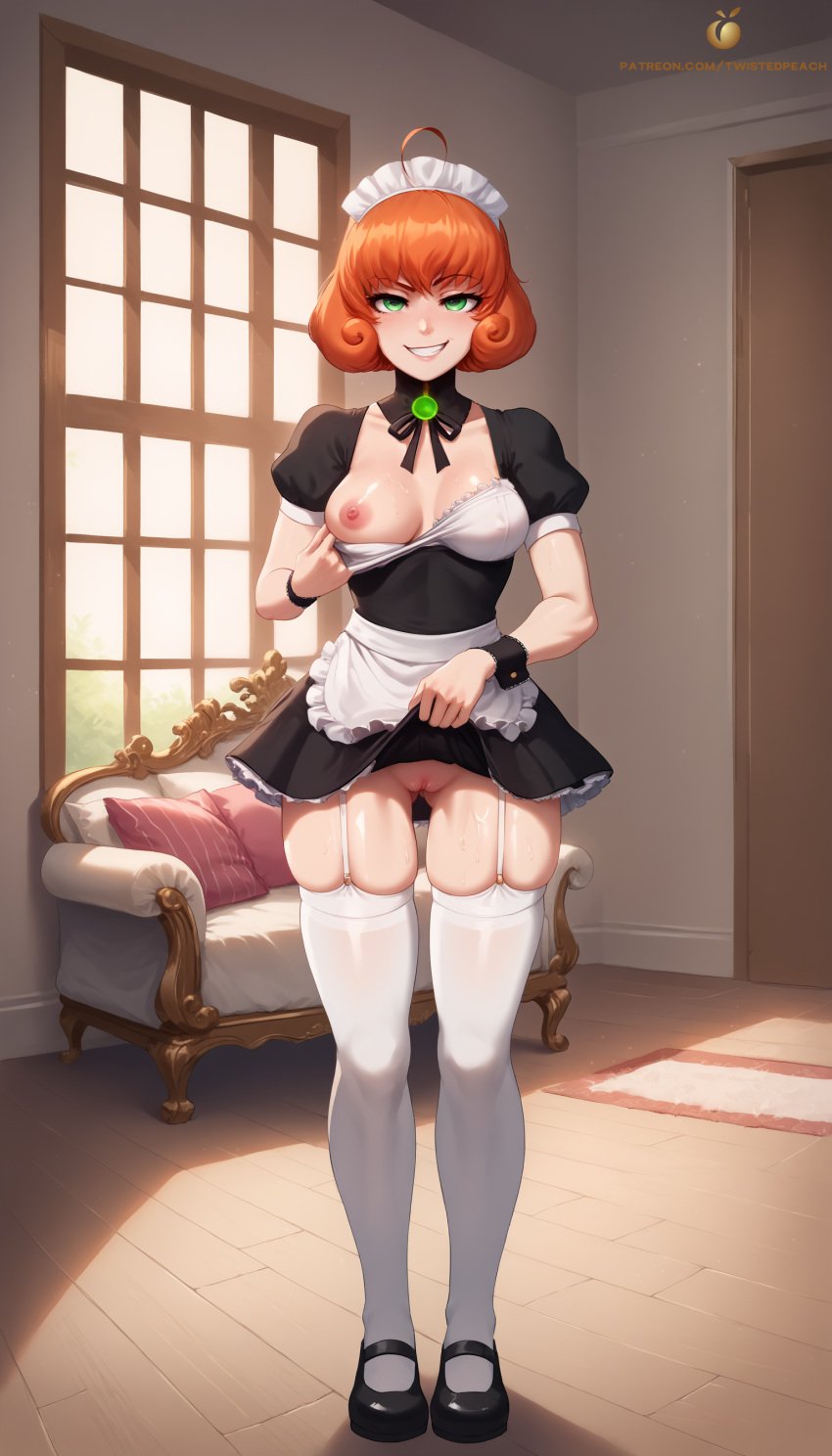 ai_generated flashing flashing_breasts flashing_pussy green_eyes lifting_skirt maid maid_apron maid_headdress maid_outfit maid_uniform no_bra no_panties orange_hair patreon penny_polendina pulling_clothing robot_girl rwby self_upload skimpy skimpy_clothes slutty_outfit tagme textless_version twistedpeach wet_pussy