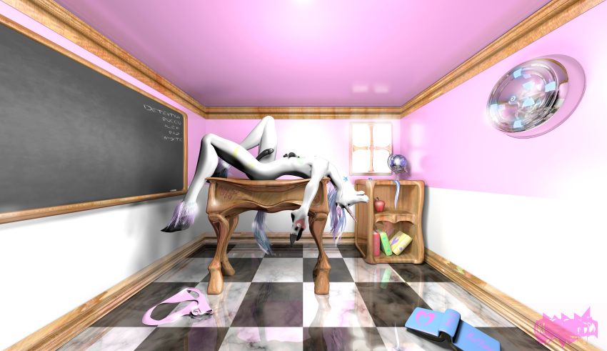 3d 3d_(artwork) anthro apple book chalkboard checkered_floor equine furry hooves horn luki13lol original original_character table unicorn white_fur window