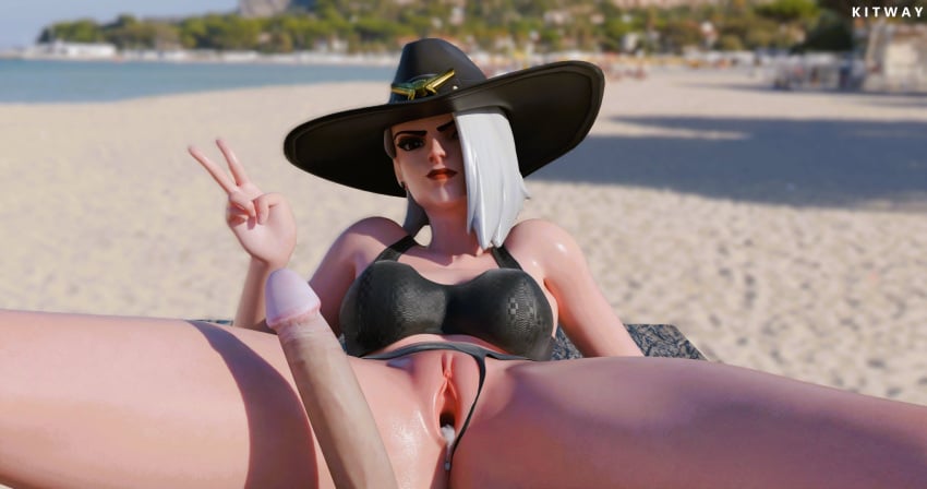 1boy 1girls ashe_(overwatch) beach beach_sex big_penis bikini bikini_bottom bikini_bottom_aside cowgirl cowgirl_hat cum cum_drip cum_dripping cum_dripping_out_of_pussy cum_in_pussy cum_inside female huge_cock kitway looking_at_partner male oil oiled oiled_skin overwatch peace_sign penis pov pov_eye_contact pov_male public public_nudity public_sex shiny shiny_skin sports_bra v_sign vaginal_penetration