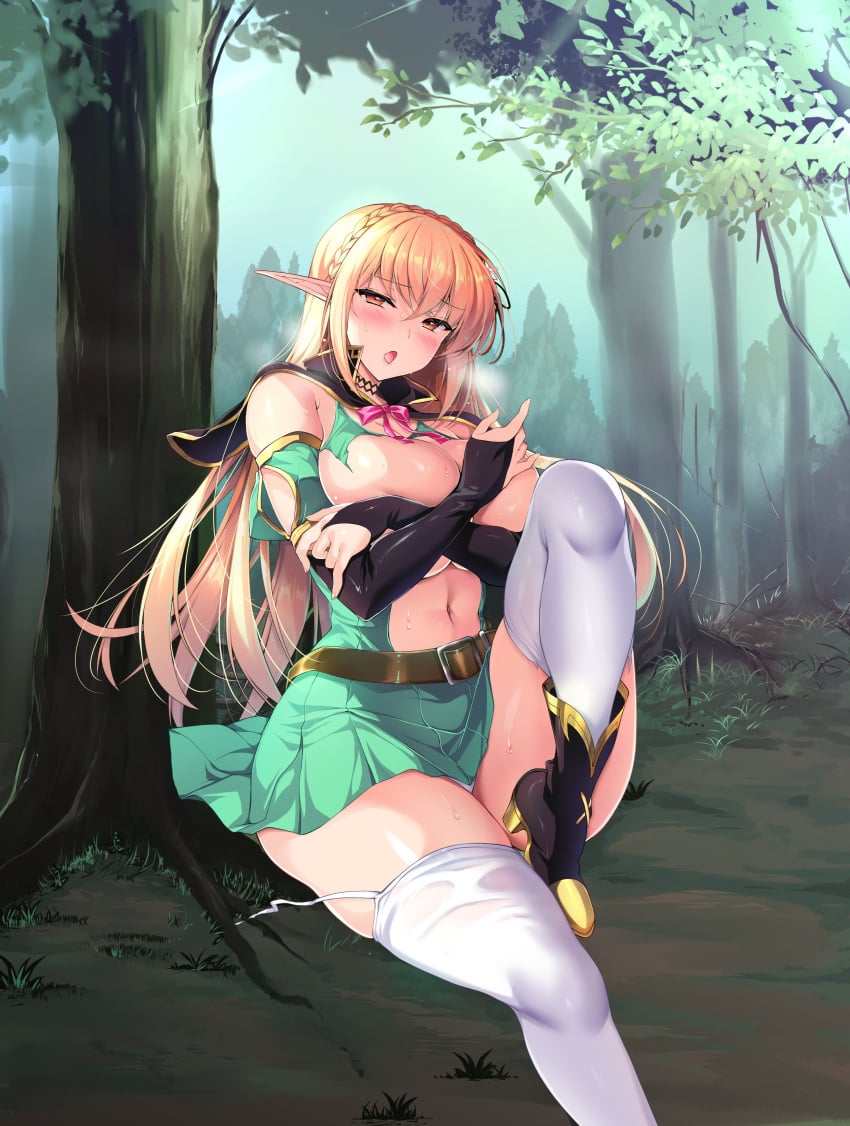 absurdres belt black_capelet black_gloves black_ribbon blonde_hair blush boots bow braid breast_hold breasts brown_belt capelet covering_nipples covering_privates crown_braid detached_sleeves elf elf_ni_inmon_o_tsukeru_hon forest garter_straps gloves green_skirt heavy_breathing high_heel_boots high_heels highres knee_up large_breasts long_hair nature ninoko original panties panty_peek pleated_skirt pointy_ears red_bow ribbon sitting skirt sylpha_(ninoko) thighhighs tree underwear wardrobe_malfunction white_panties white_thighhighs yellow_eyes