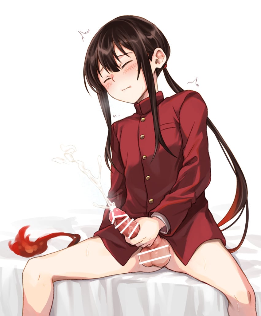 1boy bar_censor bare_legs bedside blush bottomless brown_hair censored closed_eyes closed_mouth cum cumdrip ejaculation erection fate/grand_order fate_(series) feet_out_of_frame high_collar highres jacket long_hair long_sleeves low_ponytail male_focus male_masturbation masturbation military_uniform motion_lines oda_nobukatsu_(fate) on_bed projectile_cum raised_eyebrows red_jacket sidelocks simple_background sitting solo spread_legs sweat t_kattu testicles trembling uniform variant_set very_long_hair white_background