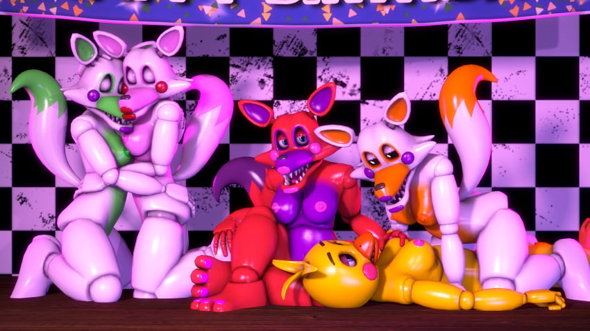 animatronic bedroom_eyes bird bird_girl checkered_wall closed_eyes cowgirl_position disboi215 five_nights_at_freddy's five_nights_at_freddy's:_sister_location five_nights_at_freddy's_2 fnaf fox fox_ears fox_girl fox_tail girl_on_girl green_body green_nipples hand_on_breast hand_on_butt hand_on_foot hand_on_head hugging lolbit_(fnaf) looking_at_partner looking_at_viewer mangle_(fnaf) on_knees orange_body orange_nipples original_character palette_swap pink_body pink_lipstick pink_nipples purple_body purple_cheeks purple_lipstick red_body red_cheeks red_lipstick robot rosy_cheeks shiny_body tangle_(fnaf) toy_chica_(fnaf) victoria_(fnaf) victoria_(oc) white_body yellow_body yuri