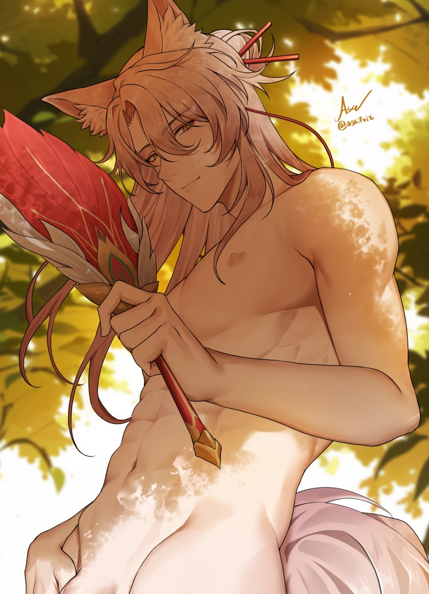 1boy abs asaifrit fan gay honkai:_star_rail jiaoqiu_(honkai:_star_rail) long_hair outside penis pink_hair tail tree visible_penis yaoi