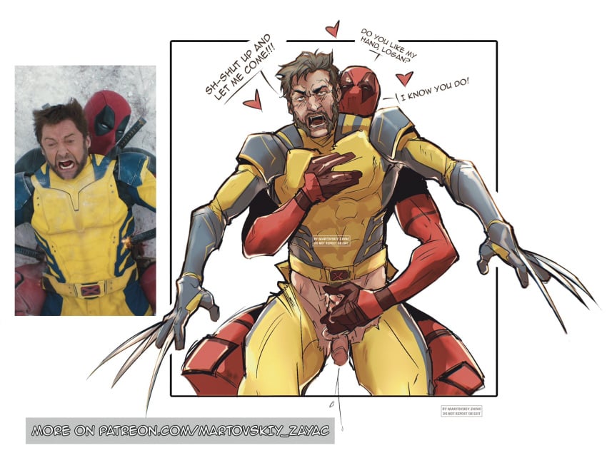 2boys claws cum deadpool deadpool_&_wolverine_(2024) dialogue english_text erection gay handjob heart hugh_jackman logan_(x-men) male male/male male_only marvel marvel_comics mask penis ryan_reynolds speech_bubble superhero_costume testicles wade_wilson wolverine_(x-men) x-men yaoi