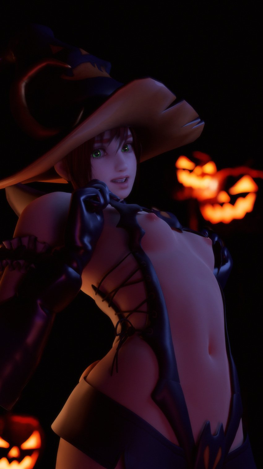 3d amy_sorel breasts brown_hair clothing elbow_gloves female female_only gloves green_eyes halloween halloween_costume hat headwear jack-o'-lantern looking_at_viewer mrstranger navel nipples pumpkin red_hair short_hair small_breasts solo soul_calibur soulcalibur spellcaster witch witch_hat