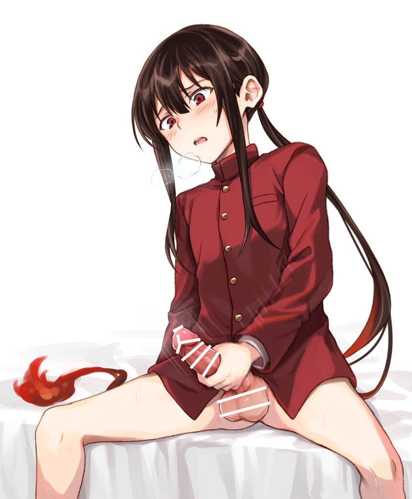 1boy bar_censor bare_legs bedside blunt_bangs blush bottomless brown_hair censored erection fate/grand_order fate_(series) feet_out_of_frame femboy fiery_hair hair_between_eyes heavy_breathing high_collar highres jacket long_hair looking_down low_ponytail male_masturbation male_only masturbation military_uniform motion_blur motion_lines oda_nobukatsu_(fate) open_mouth puff_of_air raised_eyebrows red_jacket sidelocks simple_background sitting solo spread_legs sweat t_kattu testicles uniform variant_set very_long_hair white_background