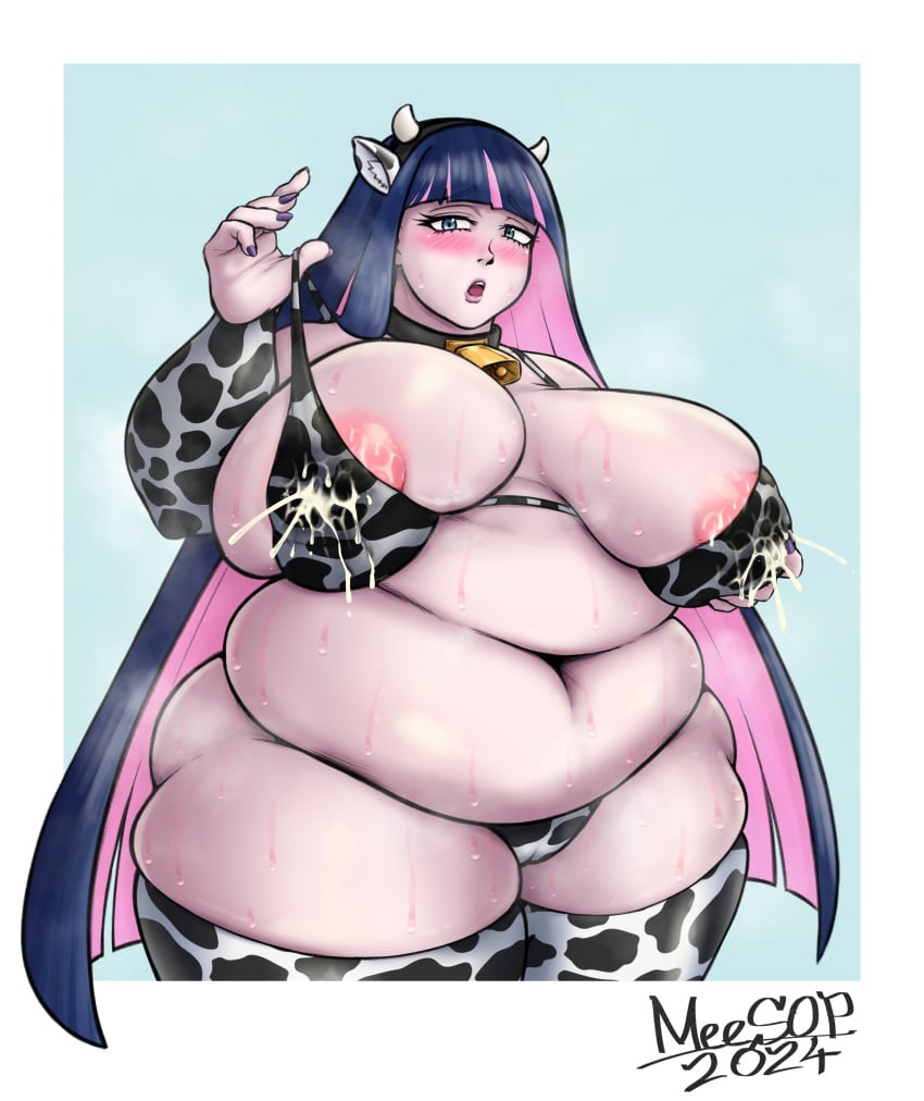 1girls areola areolae choker choker_bell chubby chubby_female commission cow_armwear cow_bikini cow_ears cow_panties cow_print cow_thighighs fat headwear lactating lactation light-skinned_female light_skin meesop milk nipples panty_&_stocking_with_garterbelt pink_nipples solo solo_female solo_focus stocking_anarchy sweat sweatdrop sweating sweaty ych ych_commission