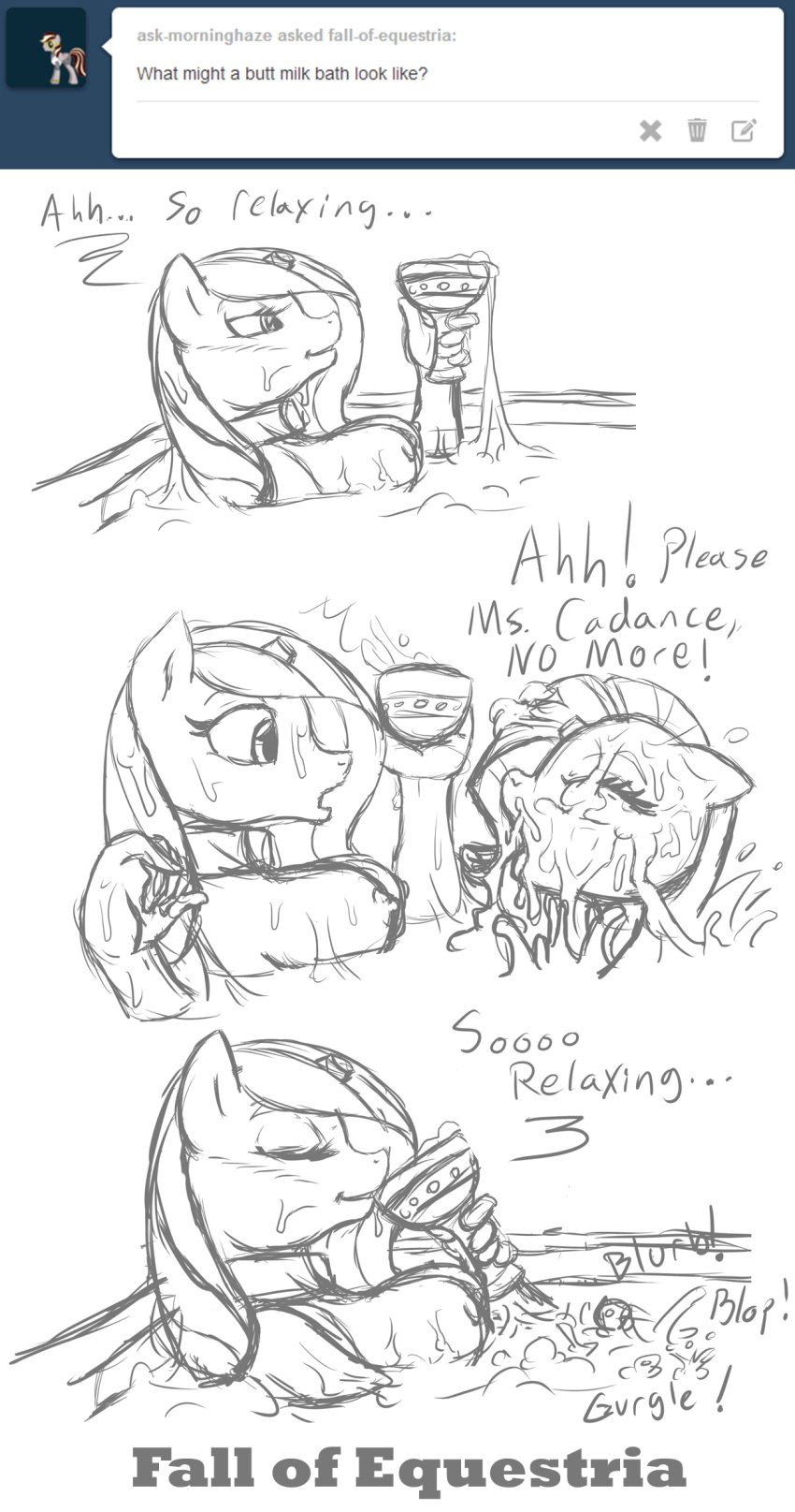 2014 alicorn anthro anthrofied ask_blog breasts closed_eyes collar cum cum_bath cum_drinking cum_in_mouth cum_inside dialog duo english_text equine fall_of_equestria female friendship_is_magic goblet hair horn mammal monochrome my_little_pony nipples nude poprocks princess_cadance_(mlp) rarity_(mlp) severed_horn sketch slave straight_hair surprised text tumblr unicorn wings