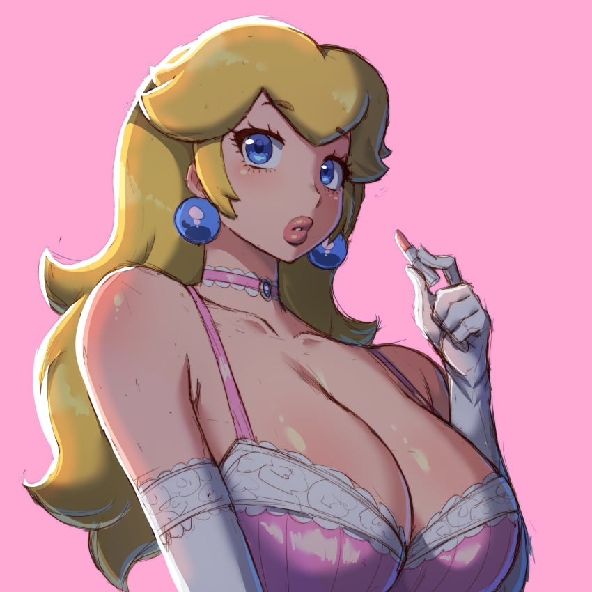 1girls big_breasts blonde_hair blue_eyes blush bra breasts choker dark_lighting earrings large_breasts lingerie lingerie_bra lipstick long_hair looking_at_viewer mario_(series) pink_background princess_peach simmsy solo upper_body