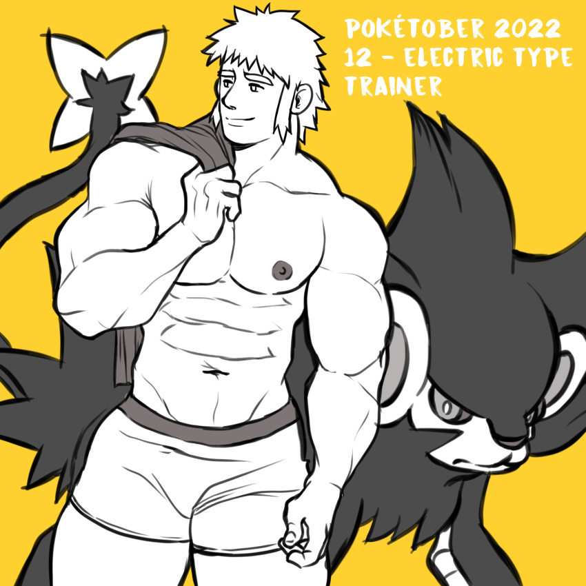 1boy bulge flaccid hoybarartist male_only monochrome muscular_male pecs pokemon pokemon_dppt volkner