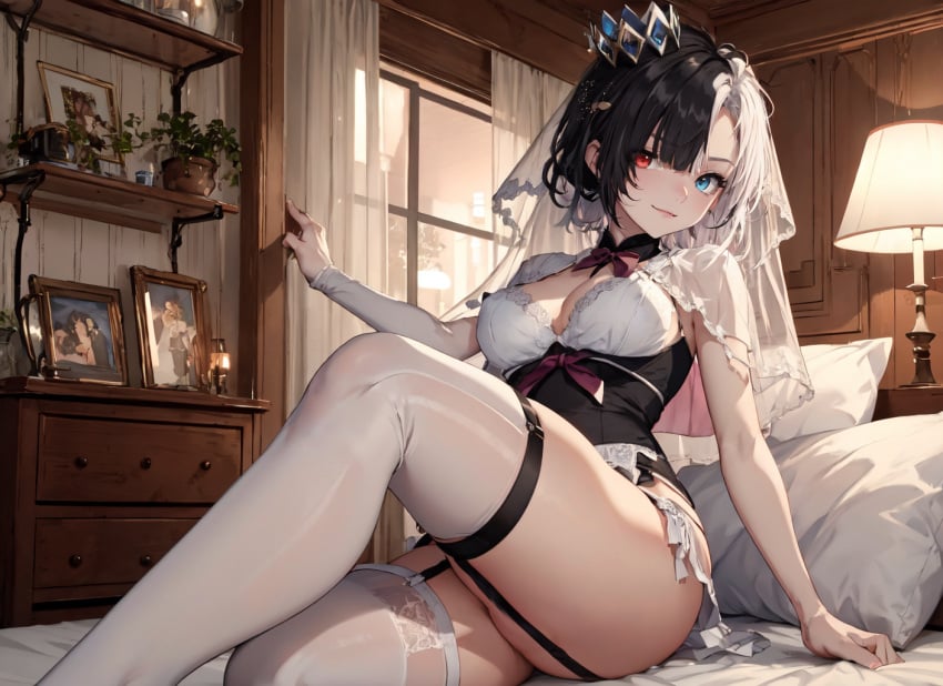 1girls ai_generated androgynous asexual black_hair blue_eyes crown e-sekai heterochromia idol-en idol_corp lingerie looking_back multicolored_eyes multicolored_hair red_eyes rin_penrose short_hair stable_diffusion thick_thighs two_tone_hair virtual_youtuber vtuber wedding_dress wedding_lingerie white_hair