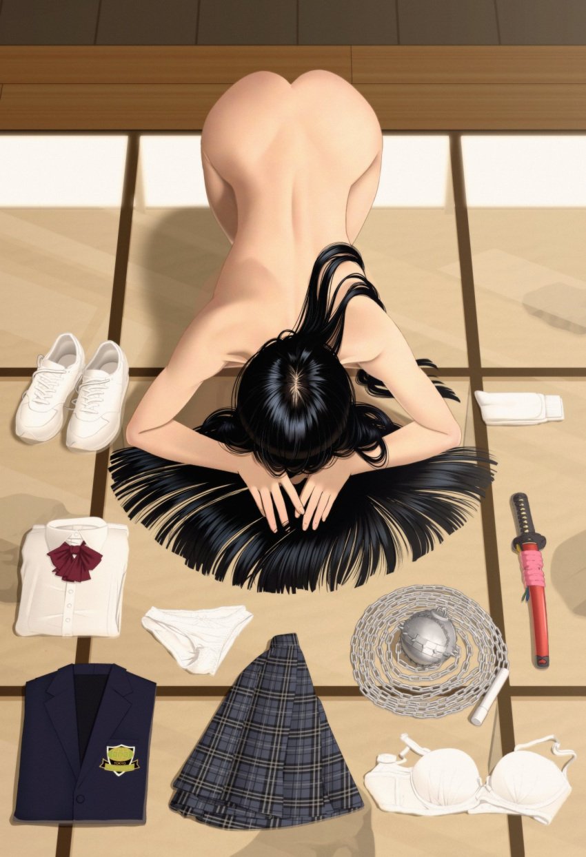 1girls bare_ass black_hair bra clothes dogeza female female_only folded_clothes gogo_yubari kidetic kill_bill kneeling kusujinn long_hair naked_dogeza nude panties pov presenting shoes solo tagme