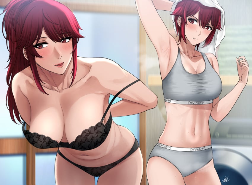 2girls adult_and_teenager aizawa_akemi aizawa_tomo armpits black_bra blush bra breasts highres large_breasts mature_female milf mother_and_daughter multiple_girls presenting_armpit red_eyes red_hair sports_bra steam sweat tomboy tomo-chan_wa_onna_no_ko underwear xter