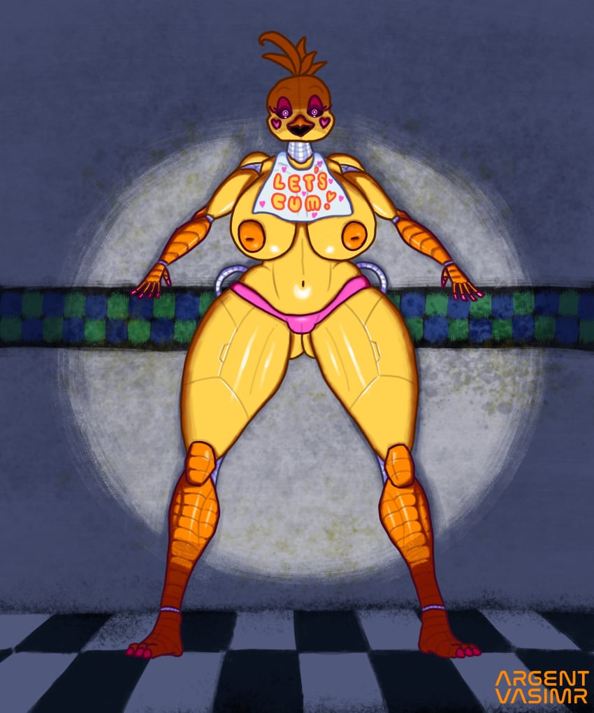 3_toes 5_fingers absurd_res animal_humanoid animatronic anthro argentvasimr avian avian_humanoid big_breasts bird breasts camel_toe chicken clothed clothing dark feet female fingers five_nights_at_freddy&#039;s five_nights_at_freddy&#039;s_2 flashlight galliform gallus_(genus) heart_cheeks hi_res huge_breasts humanoid looking_at_viewer machine nipples open_mouth orange_scutes phasianid robot scottgames scutes solo thick_thighs toes topless toy_chica_(fnaf) wide_hips wide_stance