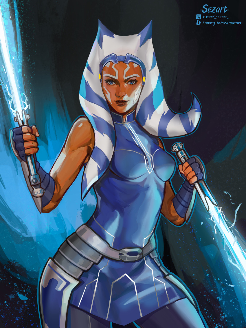 1girls ahsoka_tano alien alien_girl alien_humanoid blue_eyes clone_wars clothing dark_lipstick fanart female female_only lightsaber orange_skin sezart star_wars togruta