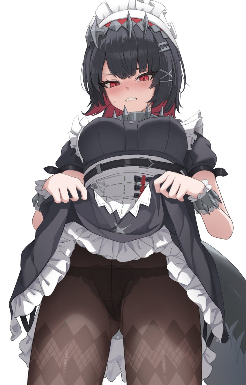 absurdres black_dress black_hair black_panties blush breasts clenched_teeth clothes_lift dress earrings ellen_joe female fingernails fins fish_tail hairband highres icetea_art jewelry large_breasts lifting_own_clothes looking_at_viewer maid maid_headdress metal_hairband metal_wrist_cuffs mole mole_under_eye panties panties_under_pantyhose pantyhose red_eyes shark_girl shark_tail short_hair simple_background skirt skirt_lift solo spiked_hairband spikes sweat tail teeth underwear white_background white_headdress zenless_zone_zero