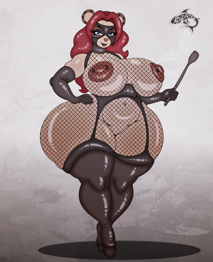 absurd_res anthro areola bear biped breasts clothed clothing dominatrix eyelashes female garter_belt garter_straps genitals hair hi_res holding_object holding_riding_crop holding_whip mammal nipple_piercing nipples piercing pupils pussy red_hair renegade-157 riding_crop skimpy smile solo thick_thighs whip