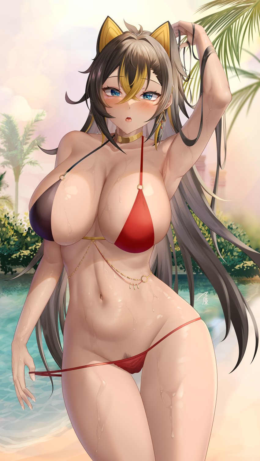 1girls :o absurdres arm_up armpits bare_shoulders bikini bikini_pull black_hair blonde_hair blue_eyes blush breasts cleavage clothes_pull collarbone crossed_bangs dehya_(genshin_impact) earrings female female_only female_pubic_hair fingernails floating_earring genshin_impact gold_choker hair_between_eyes hair_ears hair_intakes hand_in_own_hair highres jewelry laochen large_breasts linea_alba long_hair looking_at_viewer multicolored_hair navel o-ring o-ring_bikini oasis outdoors pubic_hair pubic_hair_peek pulling_own_clothes red_bikini sand sideboob single_earring skindentation sky solo stomach streaked_hair swimsuit tan thigh_gap thighs toned tree two-tone_hair underboob variant_set water wet