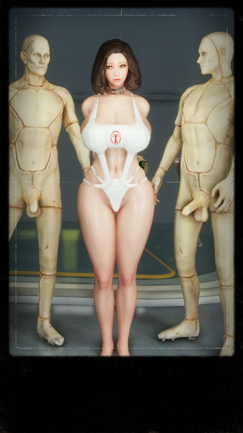 1girl2boys bethesda_softworks bomb_collar brown_hair cbbe emotrashcan fallout hands_behind_back imminent_rape institute nora_(fallout_4) skimpy_clothes synth_(fallout) this_is_your_life_now vault_dweller