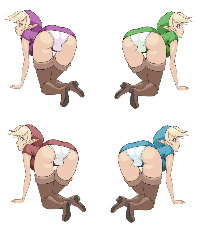 4futas all_fours ass backsack balls balls_in_panties blonde_hair blue_eyes breasts bulge butt_shot cameltail clones dat_ass four_swords futa_with_futa futanari futanarization hylian intersex large_ass large_balls large_breasts link looking_back nintendo panties panty_bulge pantyshot penis penis_in_panties penis_under_clothes penis_under_skirt pointy_ears presenting simple_background skirt the_legend_of_zelda theother-s thigh_boots white_panties young