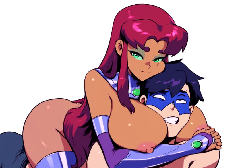 1boy ai_generated alien alien/human alien_girl alternate_breast_size big_breasts canon_couple couple dc dc_comics dick_grayson female hug koriand'r male mullon nightwing nipples novelai orange_body red_hair smile squeeze starfire tamaranean teen_titans thick_thighs top_heavy