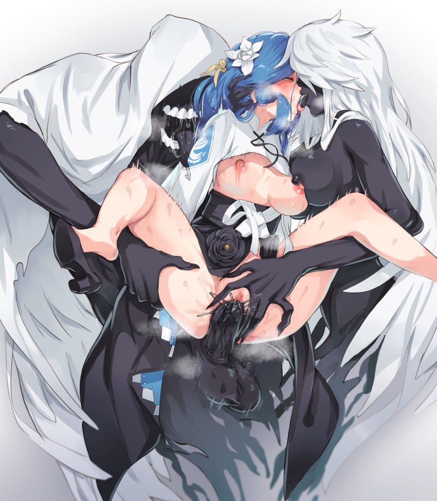 1boy 2girls absurdres bisexual_female black_dress black_flower black_skin blush breasts breath colored_skin dizzy_(guilty_gear) dress flower french_kiss group_sex guilty_gear guilty_gear_strive hair_flower hair_ornament highres kiss kissing kissing_while_penetrated large_breasts large_penis long_hair mature_female milf mocomori multiple_girls necro_(guilty_gear) nipples penis queen_dizzy sex shoe_dangle spread_legs spread_pussy steam steaming_body threesome tongue tongue_out uncensored undine_(guilty_gear) vaginal vaginal_penetration veins veiny_penis white_dress white_flower white_hair yellow_flower