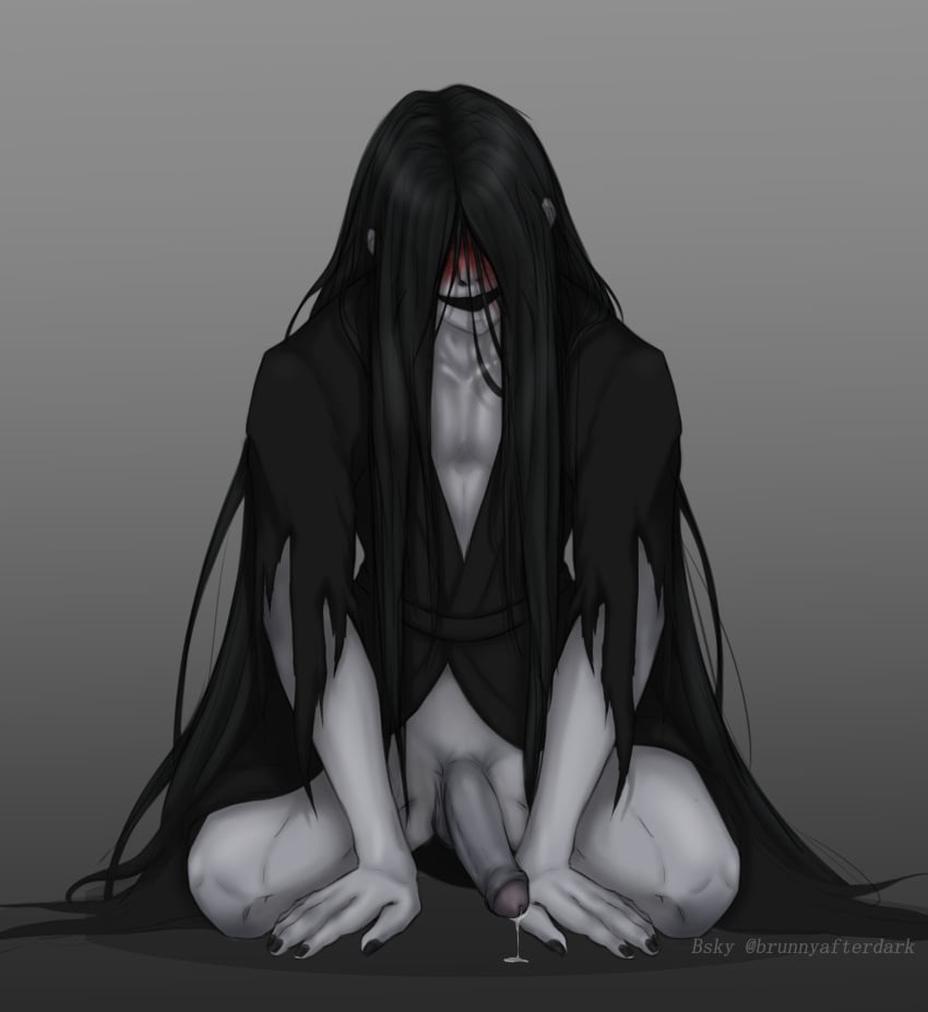 brunnyafterdark fudanshi ghost homicipher japanese_clothes japanese_ghost kneeling_male long_hair male male_only mr._crawling mr_crawling precum solo solo_male