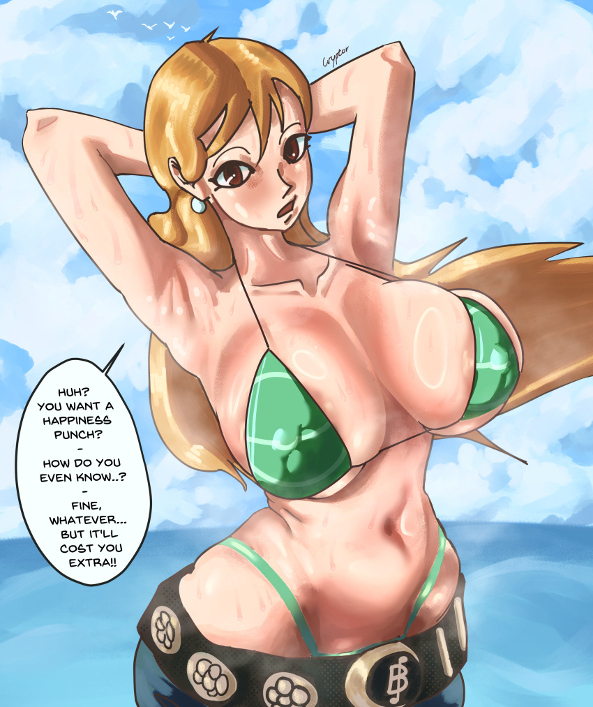 armpits arms_behind_back arms_up big_breasts bikini bikini_top breasts cryptor female female_only huge_breasts nami nami_(one_piece) one_piece post-timeskip speech_bubble swimsuit wide_hips