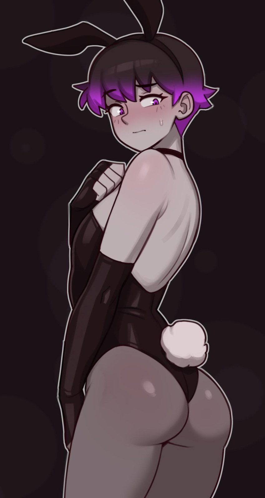 1boy 2d amethyst_(dross) ass blush bunny_ears bunny_tail bunnysuit choker color dross embarrassed fake_animal_ears fake_rabbit_ears femboy femboy_only fingerless_elbow_gloves fully_clothed image jewels_(dross) leotard looking_back male male_only male_playboy_bunny original original_character pantyhose playboy_bunny purple_eyes purple_hair rear_view rory_(dross) solo strapless_leotard sweatdrop two_tone_hair