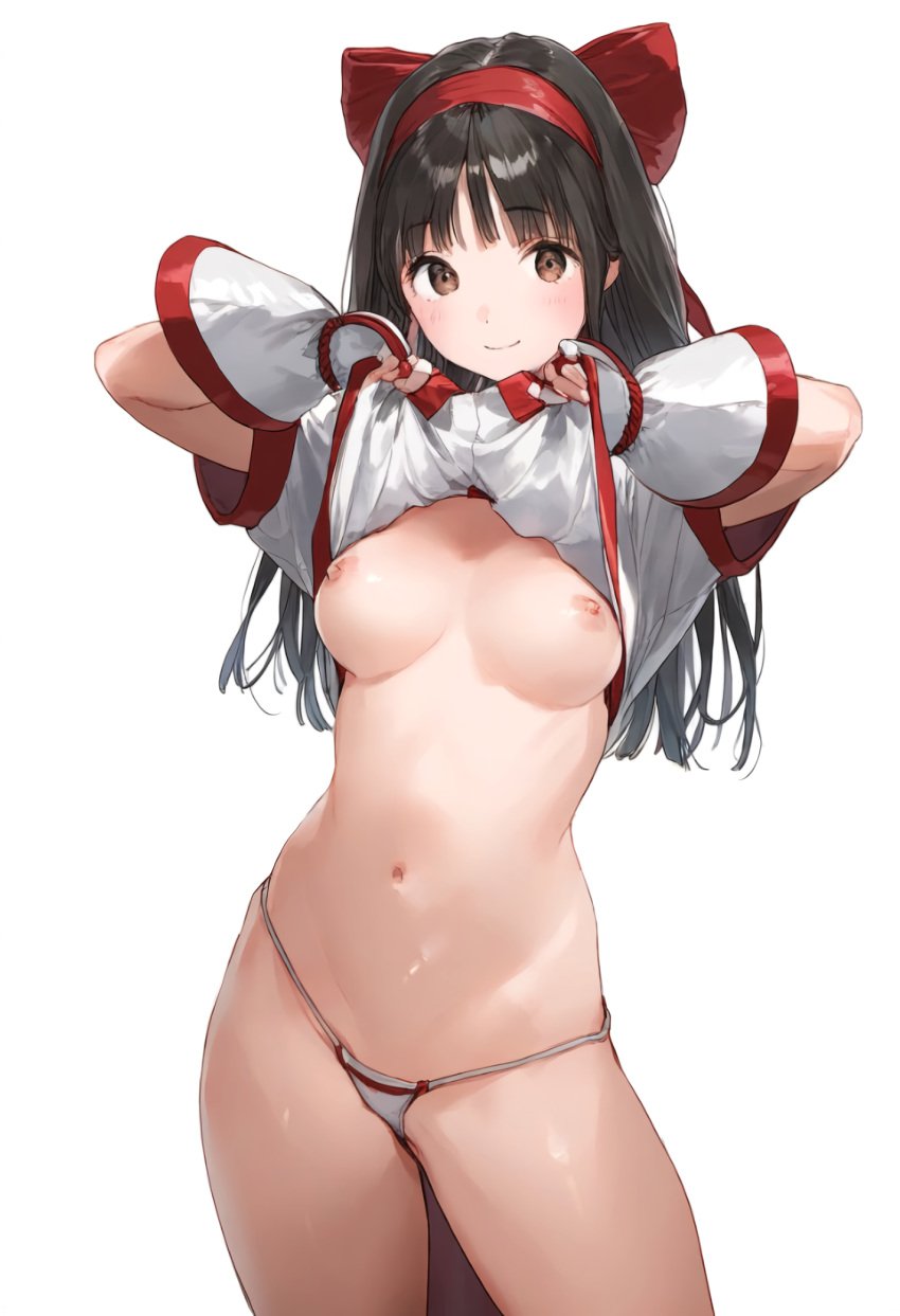 1girls ainu_clothes big_breasts black_hair blush breasts brown_eyes busty clothes_lift female female_only hair_ribbon hi_res king_of_fighters large_breasts legs long_hair looking_at_viewer nakoruru navel no_bra presenting presenting_breasts samurai_shodown smile snk solo thighs thong voluptuous