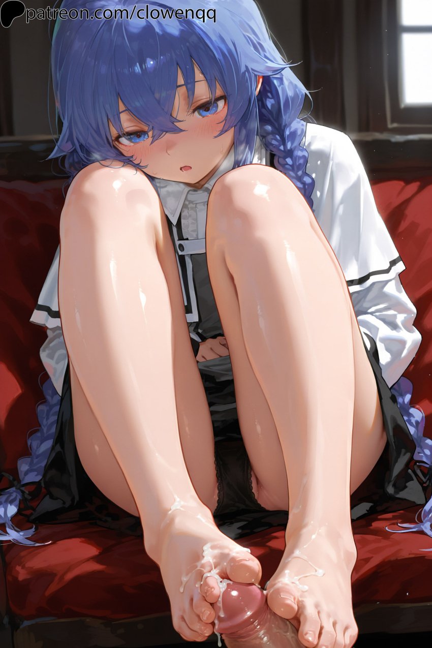 1girls ai_generated blue_eyes blue_hair blush braid clothed clowenqq cum cum_on_feet feet female female_focus footjob hair hair_between_eyes legs long_hair looking_down mushoku_tensei open_mouth panties partially_visible_vulva penis roxy_migurdia sitting toes twintails uncensored