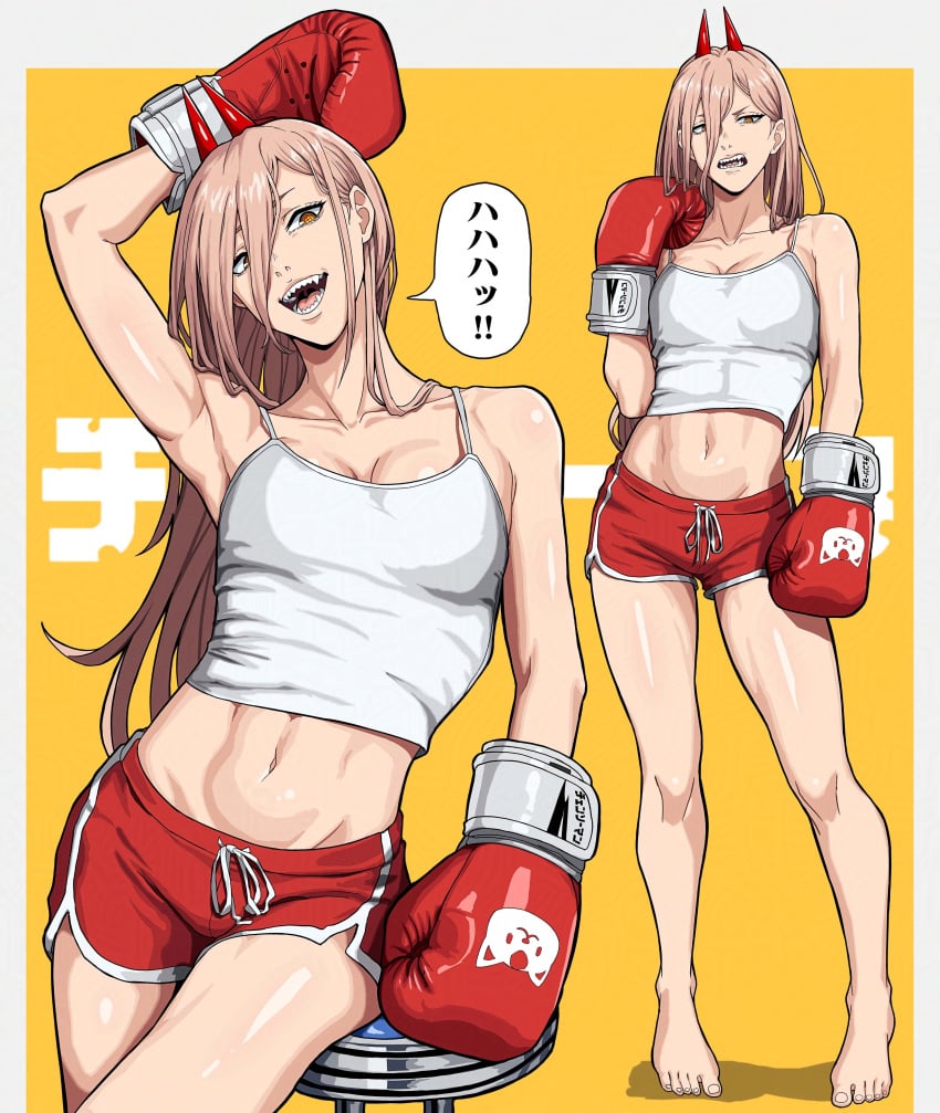 abs absurd_res absurdres athletic_female bare_arms bare_legs bare_midriff bare_shoulders bare_thighs barefoot booty_shorts boxing_gloves chainsaw_man chair disgusted fangs hips horns hotpants japanese_text long_hair medium_breasts orange_eyes pink_hair power_(chainsaw_man) stool tank_top thighs translation_request wide_hips