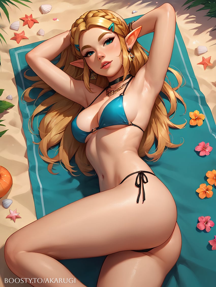 1girls ai_generated beach bikini blonde_hair blue_eyes hi_res long_hair looking_at_viewer solo solo_female the_legend_of_zelda zelda_(breath_of_the_wild)