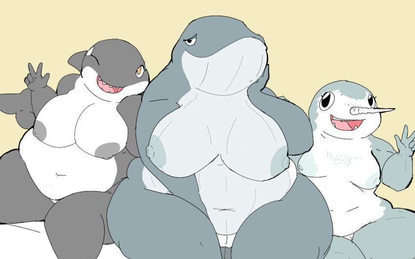 big_breasts breasts cetacean chubby cora_(shamelesss) female group horn looking_at_viewer mammal marine narwhal nude one_eye_closed open_mouth orca overweight pussy seated shamelesss thick_thighs whale wide_hips