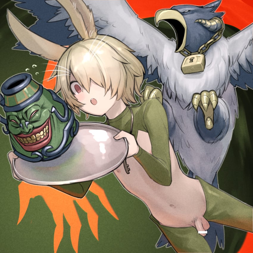 1boy alternate_costume animal_ears bar_censor bird blonde_hair censored crossdressing crotchless droll&lock_bird duel_monster femboy foreskin green_shrug hair_over_one_eye highres holding holding_tray male_focus male_playboy_bunny male_pubic_hair meme_attire miyako_(naotsugu) one_eye_covered open_mouth penis pot_of_greed pubic_hair rabbit_boy rabbit_ears red_eyes reverse_bunnysuit reverse_outfit shrug_(clothing) sparse_pubic_hair tray yu-gi-oh!