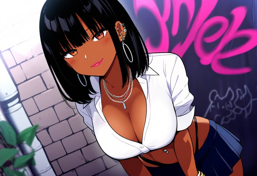 ai_generated alley black_hair black_thong blunt_bangs bracelet brown_eyes cleavage closed_mouth dark-skinned_female day earrings female graffiti gyaru hair_between_eyes hanging_breasts large_breasts leaning_forward light_smile lipstick looking_at_viewer medium_hair miniskirt navel_piercing necklace novelai original original_character outdoors piercing pleated_skirt seductive_look slut slutty_outfit standing wall white_shirt