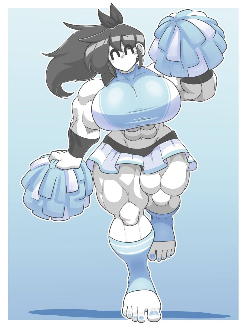 abs armband armbands bare_shoulders barefoot better_version_at_source big_breasts black_ribbon blue_background blue_nail_polish blue_nails blush buff_female cheerleader cheerleader_uniform dark_grey_hair extreme_muscles hair_ribbon happy_eyes huge_breasts large_breasts leg_warmers marie_(tag-a-long) microskirt muscular muscular_arms muscular_female muscular_thighs no_mouth no_nudity on_one_leg original original_art original_artwork pom_poms ponytail simple_background simple_shading six_pack slight_blush stretched_clothing tag-a-long thick_thighs toenail_polish white_skin