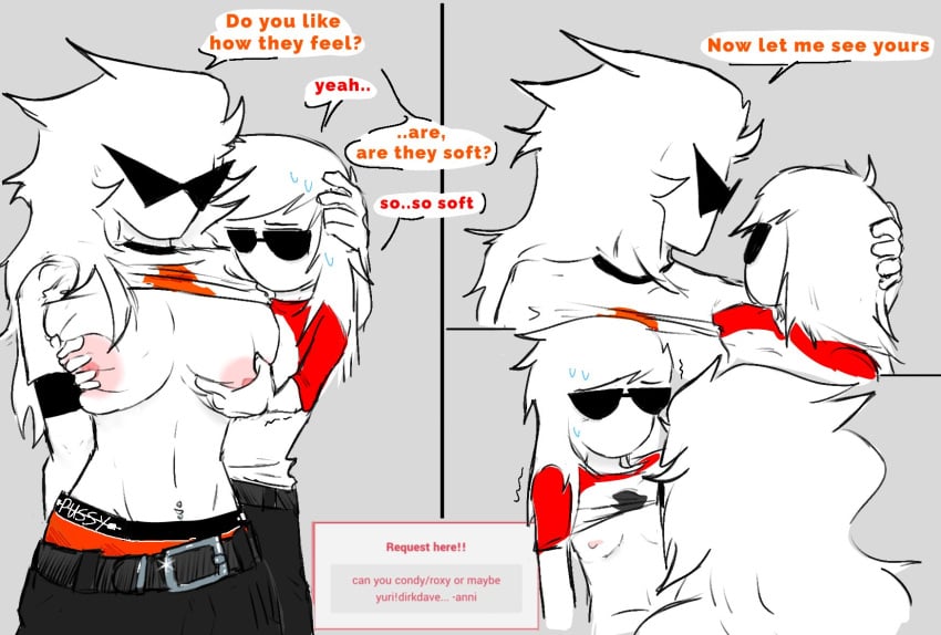 2girls areola areolae before_sex breasts color colored daughter daughter_and_mother daughter_and_mother_(lore) dave_strider dialogue dirk_strider electric_(artist) female female_focus female_only glasses headgear headwear homestuck incest large_breasts mother mother_and_daughter mother_and_daughter_(lore) pale-skinned_female pale_skin pants partially_clothed partially_clothed_female pulling_shirt_up pulling_up_shirt request shades shirt shirt_lift short_hair small_boobs small_breasts spiky_hair stripping sunglasses t-shirt text tshirt underwear white_skin yuri yuri