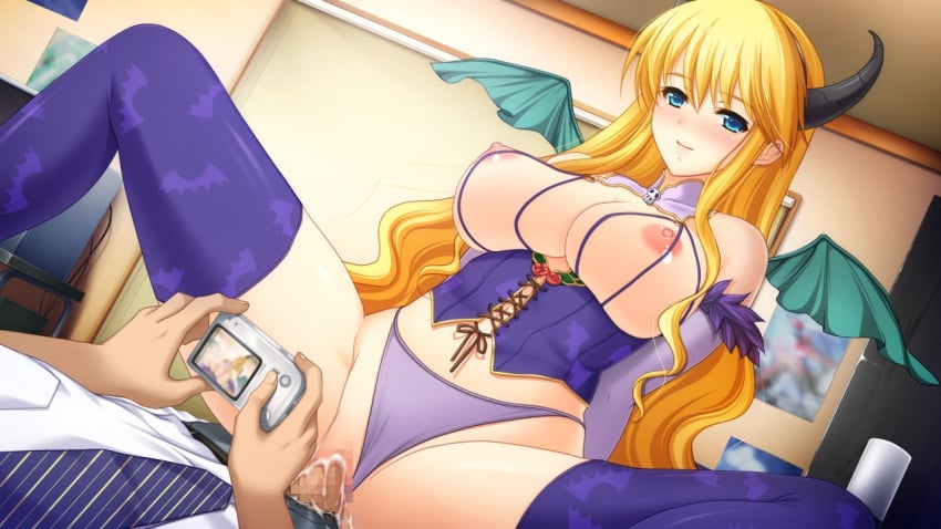 1boy bare_shoulders bat_print blonde_hair blue_eyes blush breasts camera censored corset cowgirl_position detached_collar elbow_gloves fake_horns fake_wings female gakuen_taima game_cg gloves hijirigaoka_lisa koizumi_amane large_breasts long_hair looking_at_viewer mosaic_censoring necktie nipples panties panties_aside penis picture_(object) print_legwear purple_legwear purple_panties pussy room sex smile spread_legs taking_picture thighhighs underwear vaginal_penetration wings