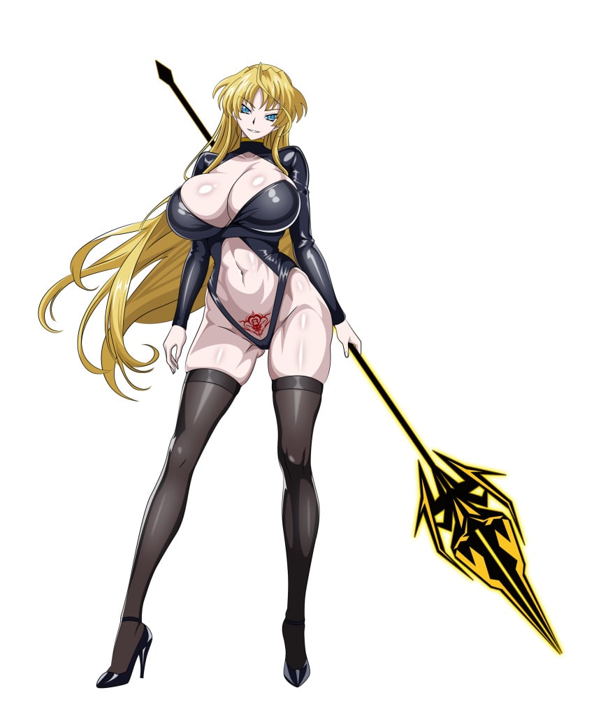 1girls aged_up alternate_breast_size ass_visible_through_thighs black_thighhighs blonde_hair blue_eyes breasts cleavage energy_spear female female_only fit_female high_heels high_school_dxd highres holding holding_polearm holding_weapon huge_breasts light-skinned_female long_hair mittelt navel polearm revealing_clothes shiny_skin slit_pupils smile smiling stomach_tattoo tattoo thighhighs thighs very_long_hair weapon yxyyxy