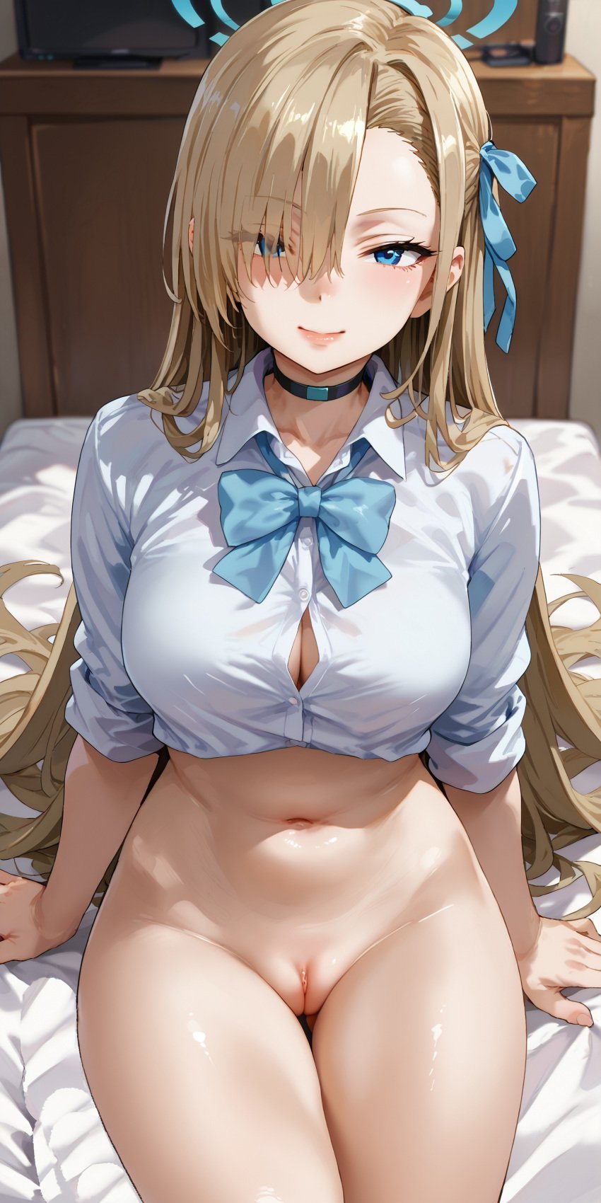 1girls 313aec ai_generated asuna_(blue_archive) asymmetrical_bangs bed blue_archive blue_bow blue_eyes blue_ribbon blush bottomless bow bowtie breasts button_gap choker female_focus female_only hair_over_one_eye hair_ribbon halo large_breasts light-skinned_female light_brown_hair lips long_hair looking_at_viewer millennium_science_school_student navel on_bed pussy ribbon school_uniform sitting sitting_on_bed smile solo solo_female stable_diffusion straight_hair thigh_gap thighs very_long_hair white_shirt