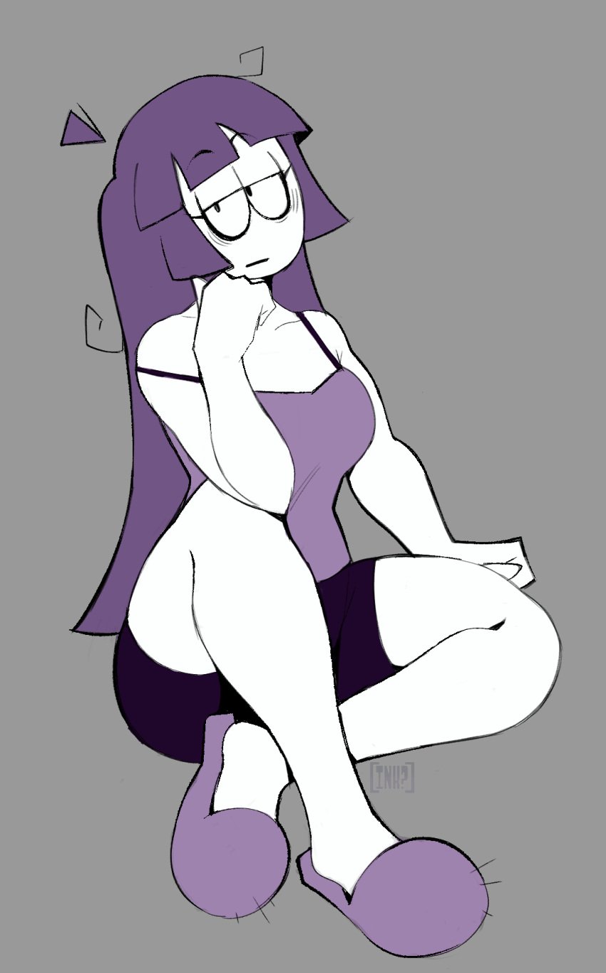 1girls black_panties bored bored_expression curvy curvy_female curvy_figure female female_focus female_only gray_background ink01 inkbloto leaddrill lila_(spooky_month) purple_hair spooky_month white_skin